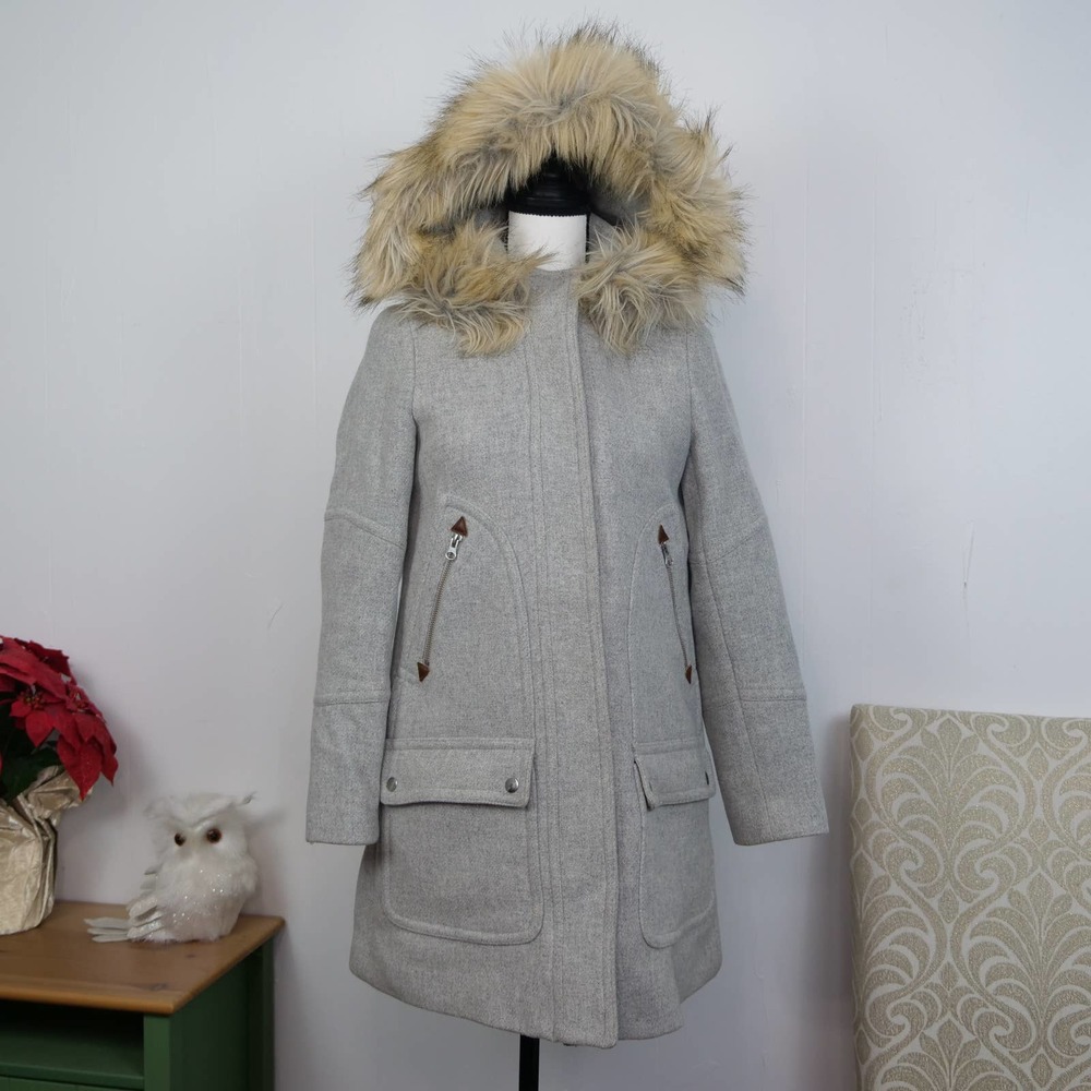 J. Crew Italian Stadium Cloth Wool Coat Size 0 Chateau Parka Removable Fur Hood - Picture 12 of 13
